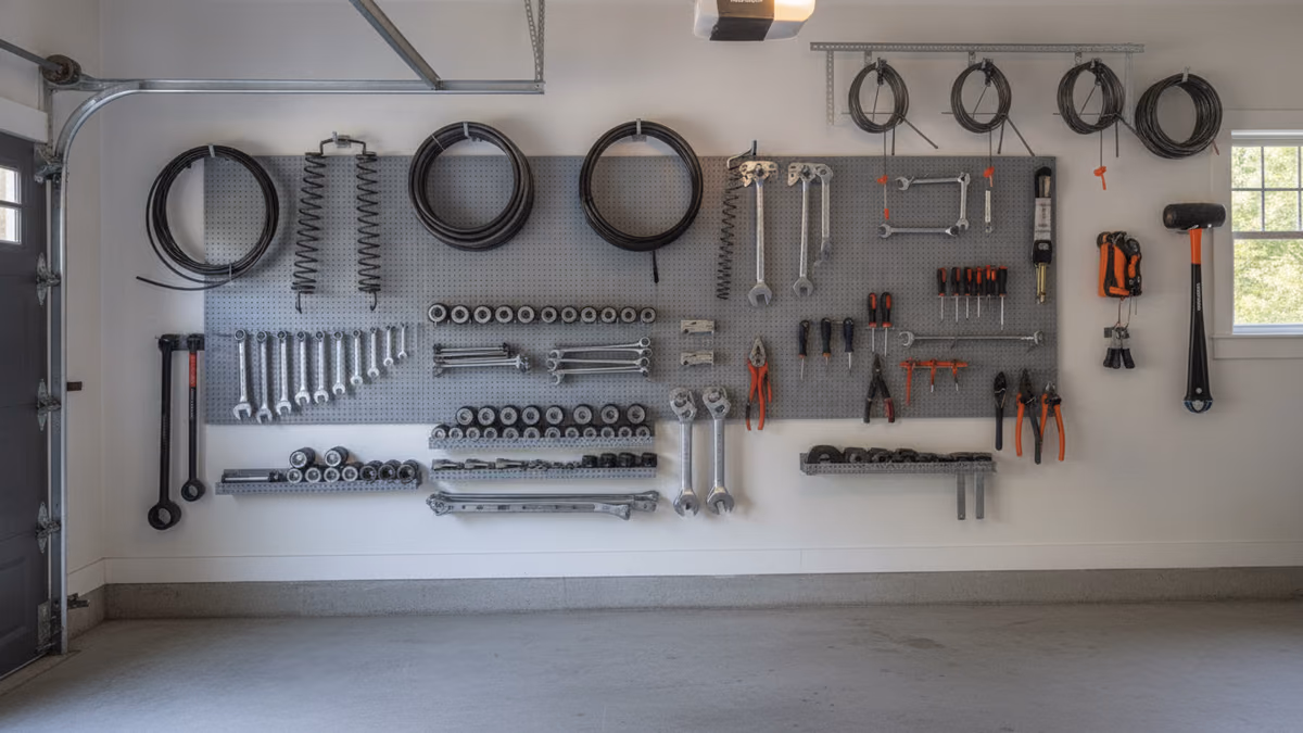 Organized wall of garage door hardware and hand tools in a clean garage bay