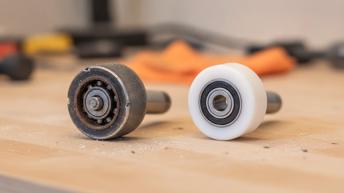 Macro of a worn garage door roller beside a new nylon roller on a workbench