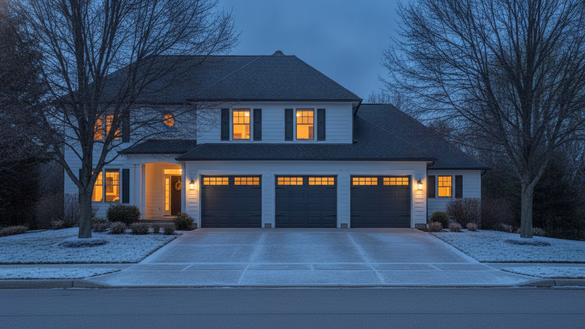 Closed garage door at dusk with warm light in the house windows and light snow on the driveway apron