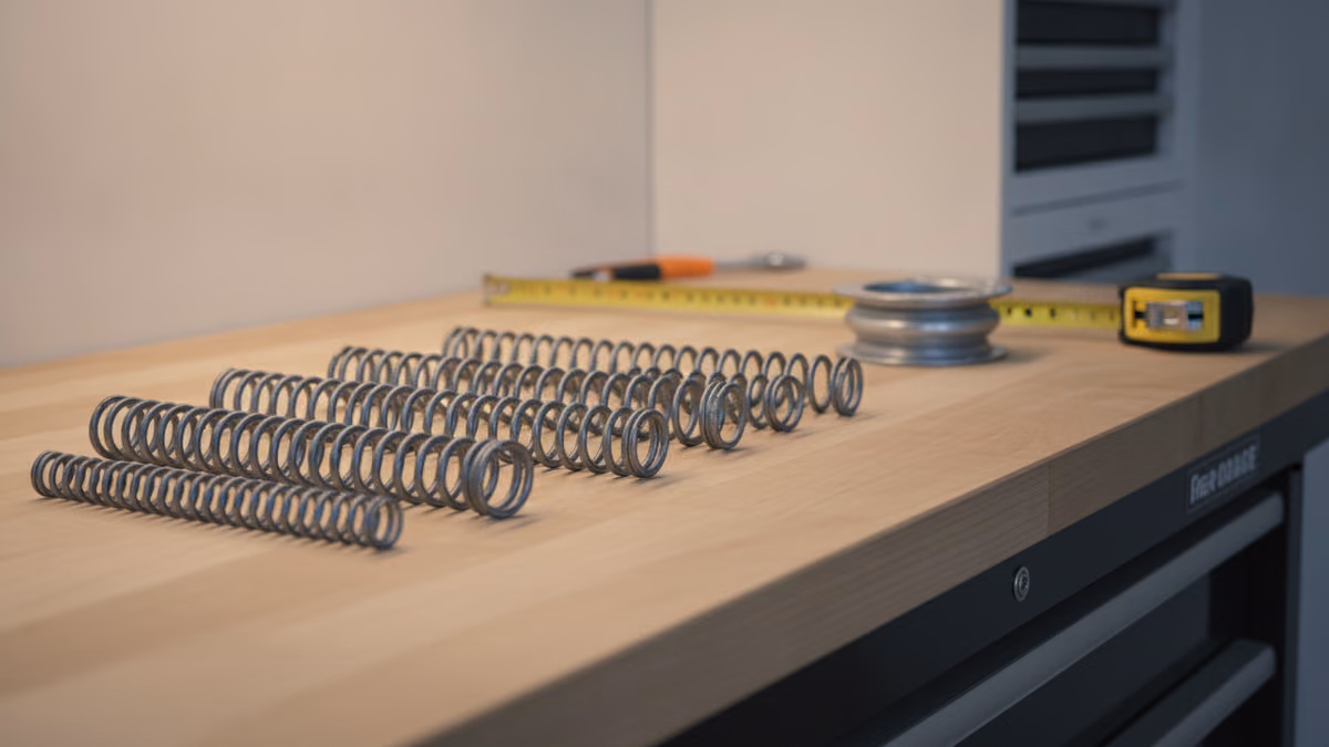 Torsion springs of several sizes lined up on a workbench with a cable drum and tape measure