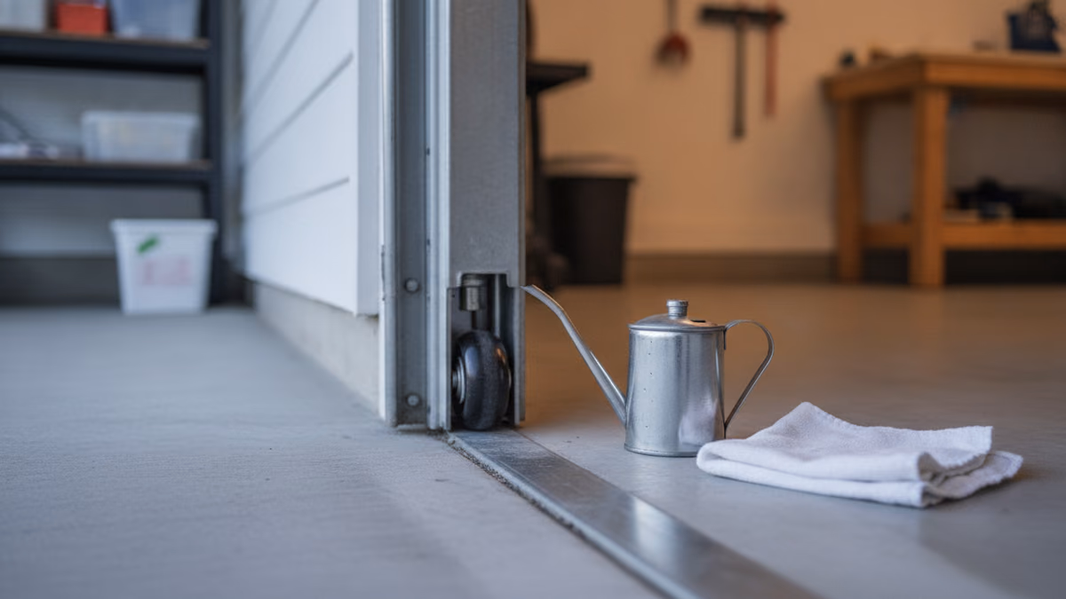 Small oil can and clean rag staged beside a garage door track and roller