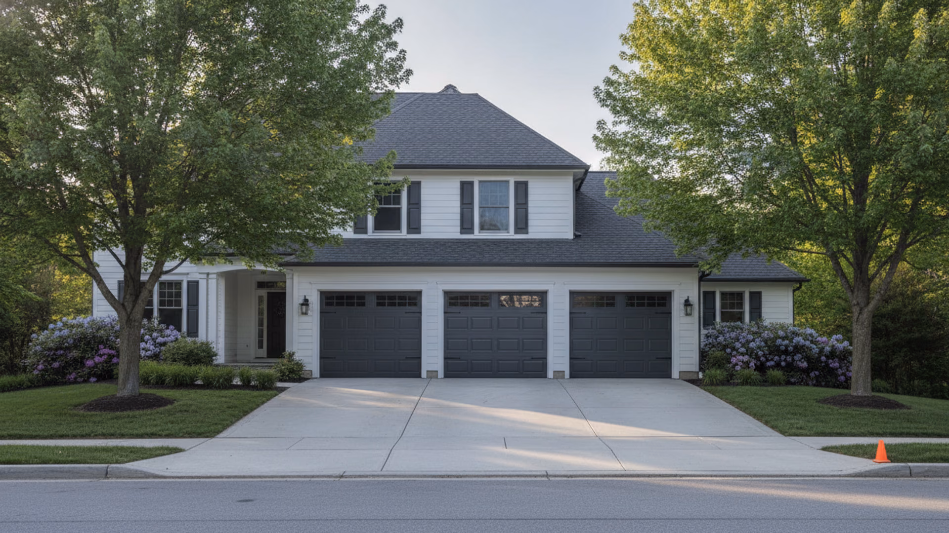 Well-kept mid-Michigan home with a crisp raised-panel garage door as the anchor of the facade, mature maples framing a tidy driveway