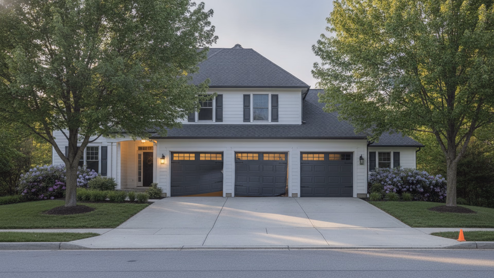 Residential garage door sitting ajar and slightly off its track at dusk, warm porch and interior light glowing