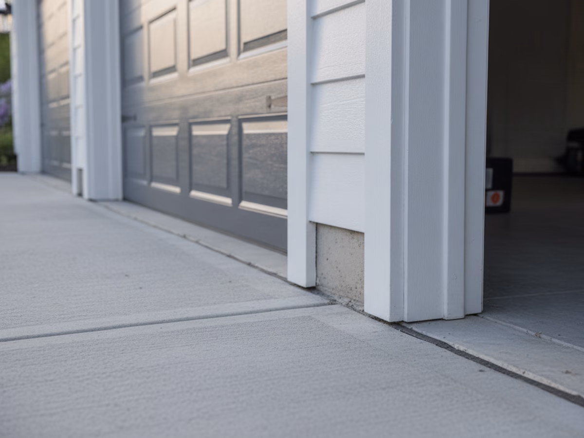 Corner of a new insulated garage door panel showing crisp embossed profile and clean weather seal edge