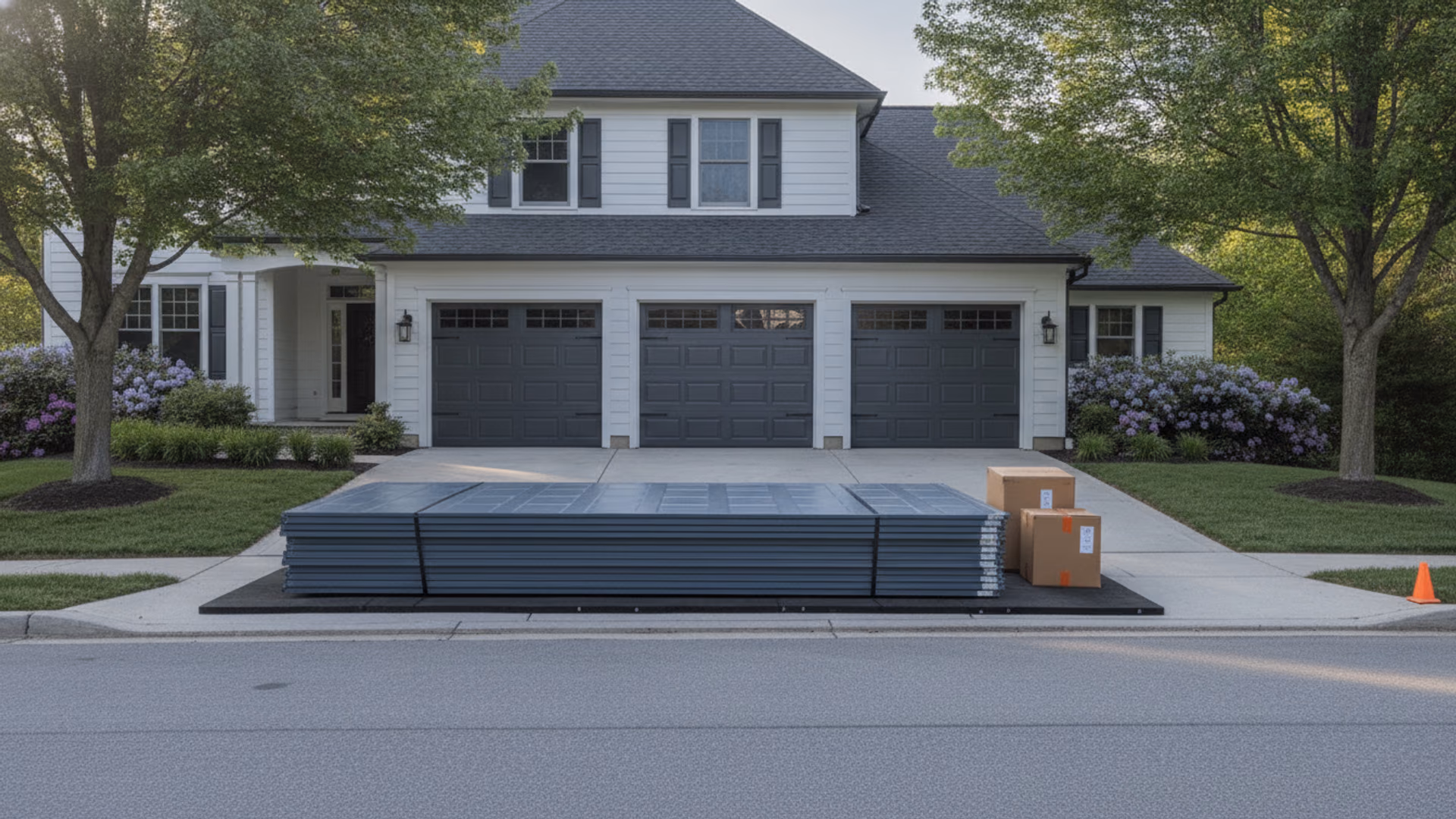 Fresh garage door sections stacked flat on protective padding in a driveway with hardware boxes beside them