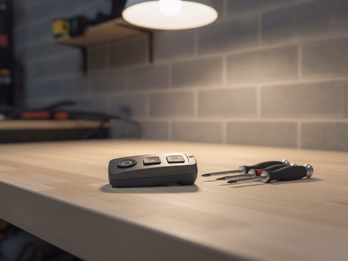 Garage door opener remote resting on a workbench beside a small screwdriver set