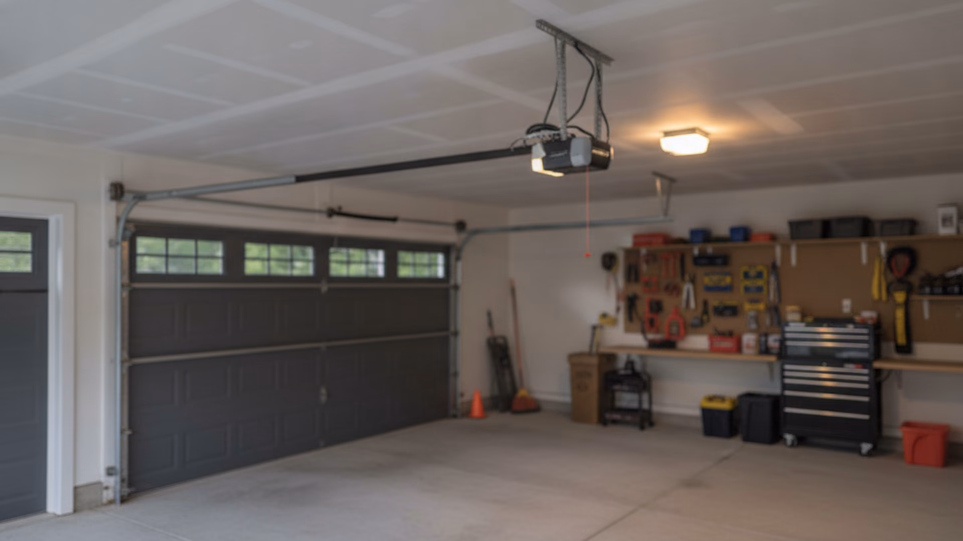 Ceiling-mounted garage door opener unit with its rail running toward the door, clean drywall and tidy wiring