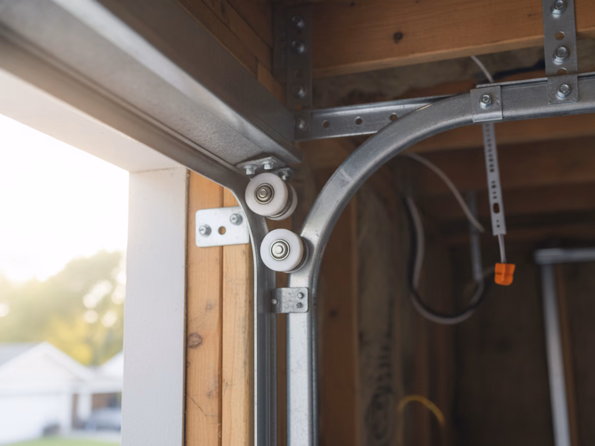Galvanized garage door track curving overhead with nylon rollers seated in it, hardware texture filling the frame