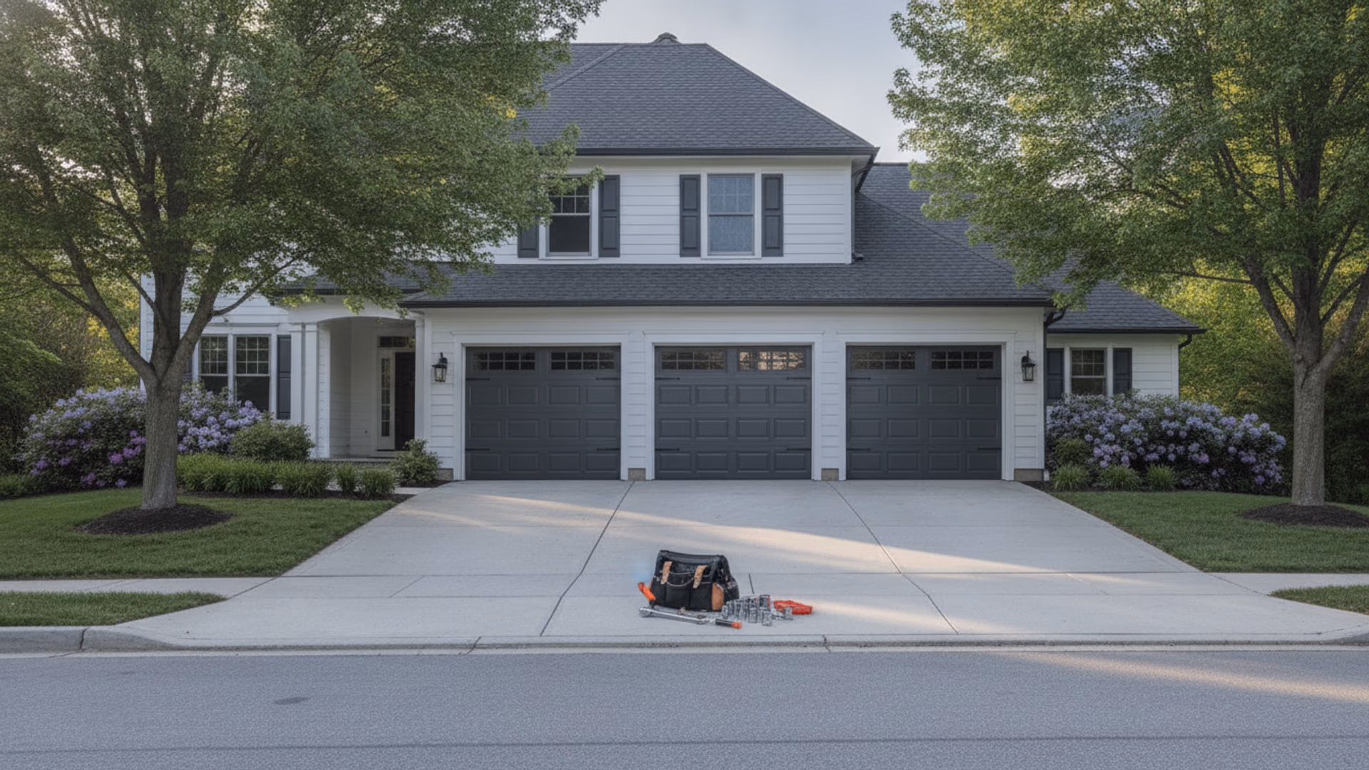 Open residential garage door seen from the driveway with a compact tool bag and socket set staged on the clean floor beneath it