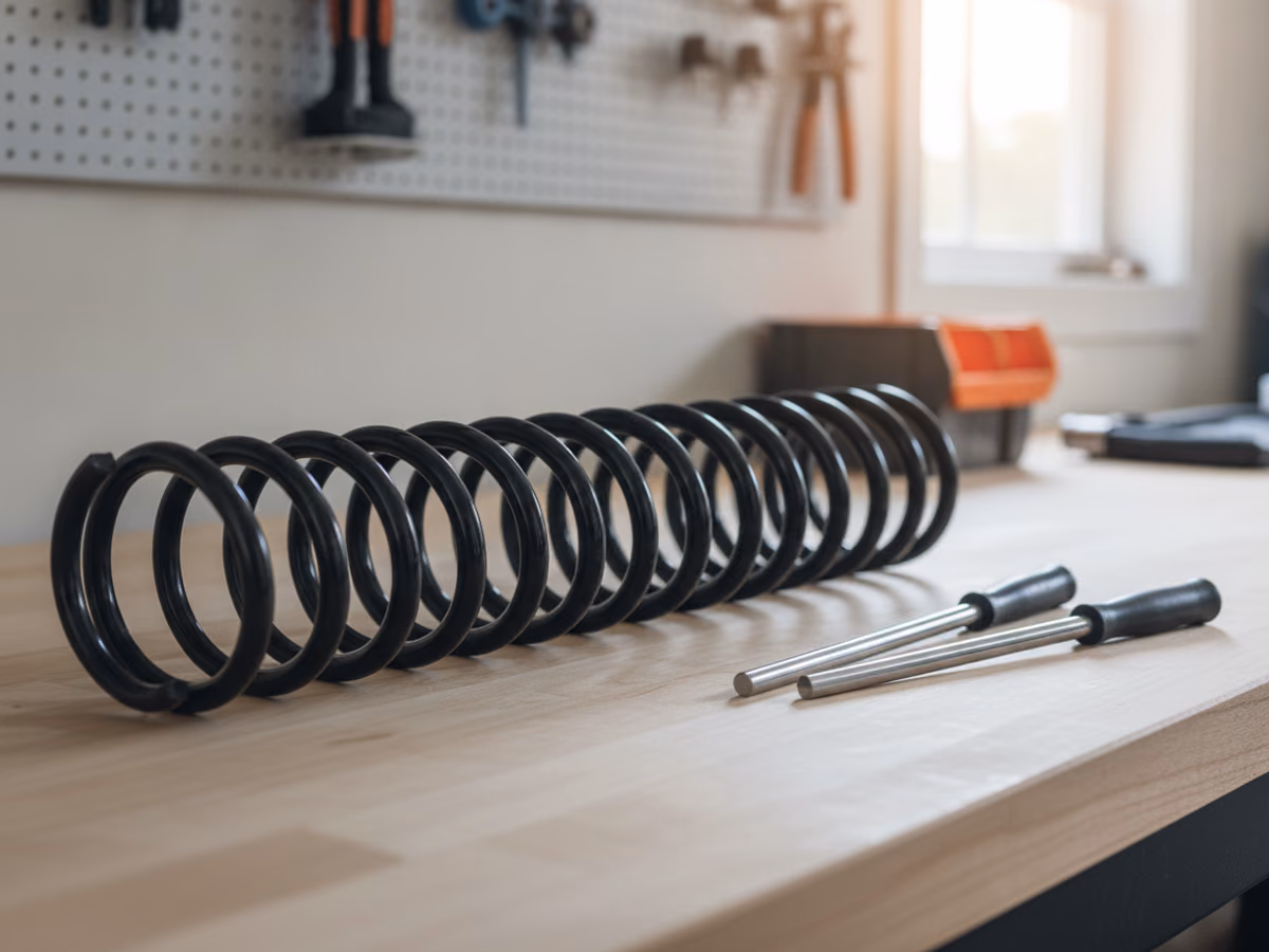 New torsion springs with fresh factory coating lying on a workbench beside winding bars